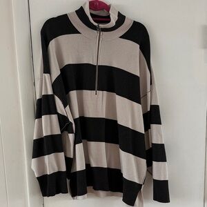 Free People Striped Black and Cream Quarter Zip Sweater